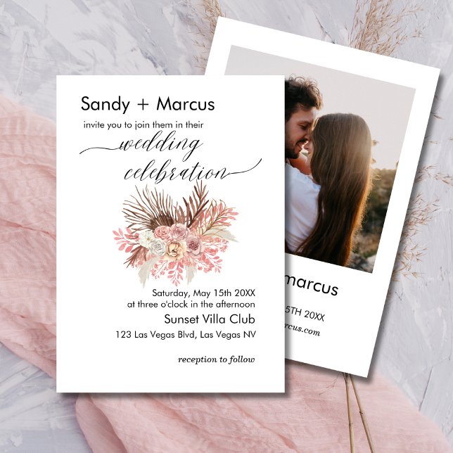 Invitación fotográfica boda Boho Dusty Rosa Floral (Subido por el creador)