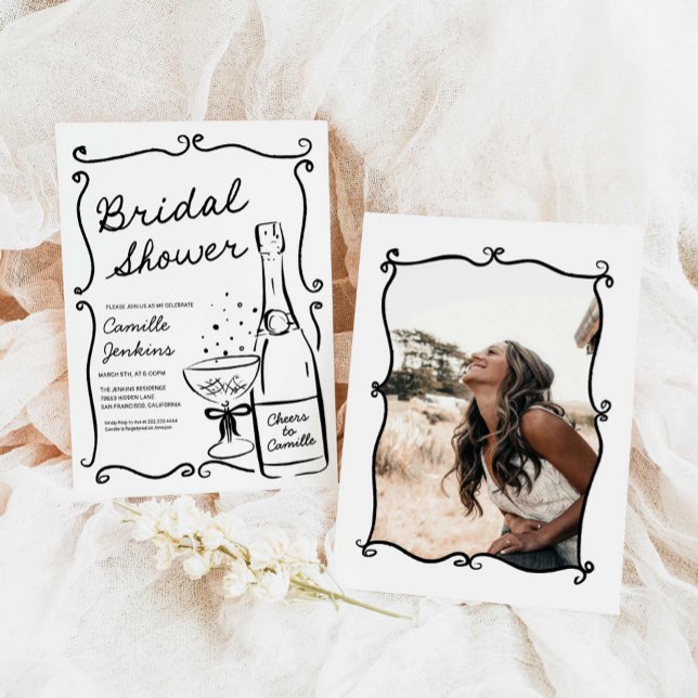 Invitación fotográfica con mano de ducha de novia  (Hand Drawn Bubbly Bridal Shower Photo Invitation)