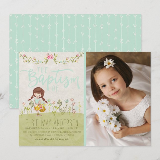 INVITACIÓN FOTOGRÁFICA DE BAPTISMO DE LDS | Chica  (Anverso / Reverso)