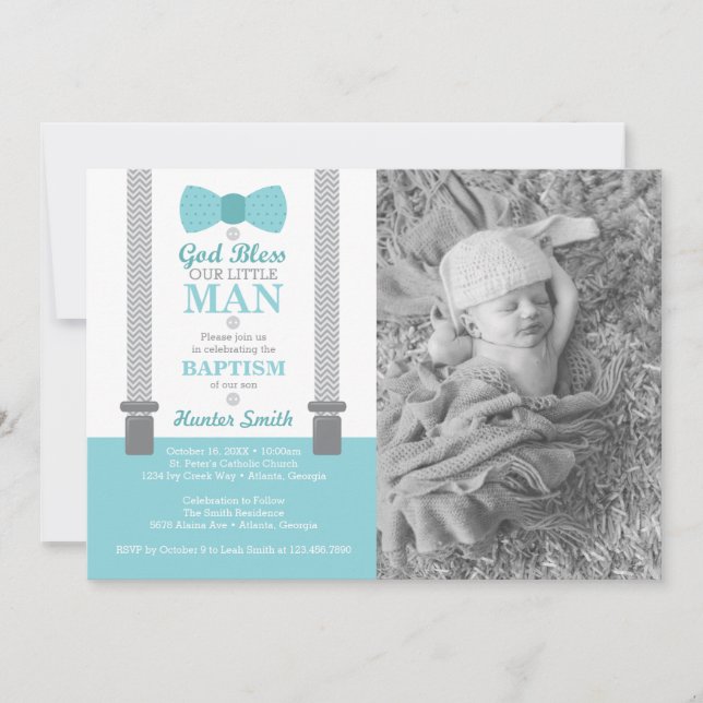 Invitación fotográfica de bautismo de pequeño homb (Anverso)