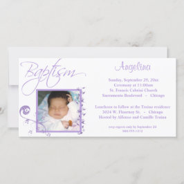 Invitación fotográfica de bautismo morado claro
