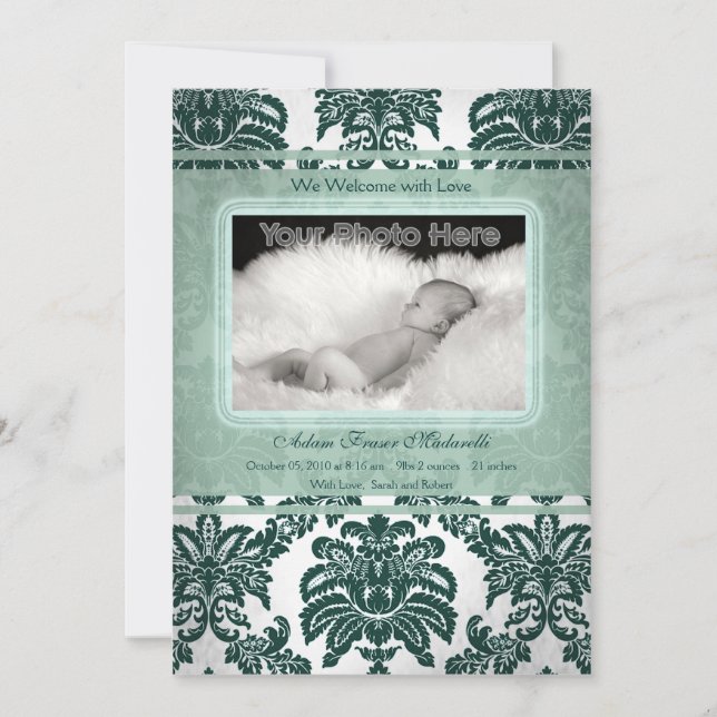 Invitación fotográfica de bebé verde vintage (Anverso)