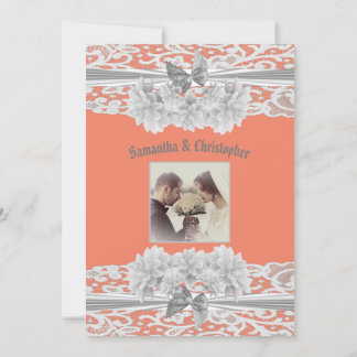 Invitación fotográfica de boda de encaje blanco de