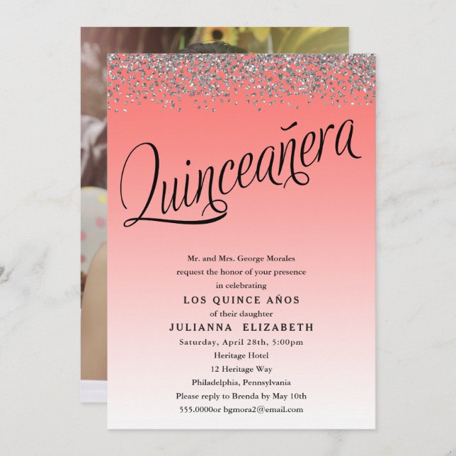 Invitación fotográfica de Coral y Plata Quinceaner (Anverso / Reverso)
