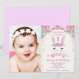 Invitación fotográfica de cumpleaños conejito rosa