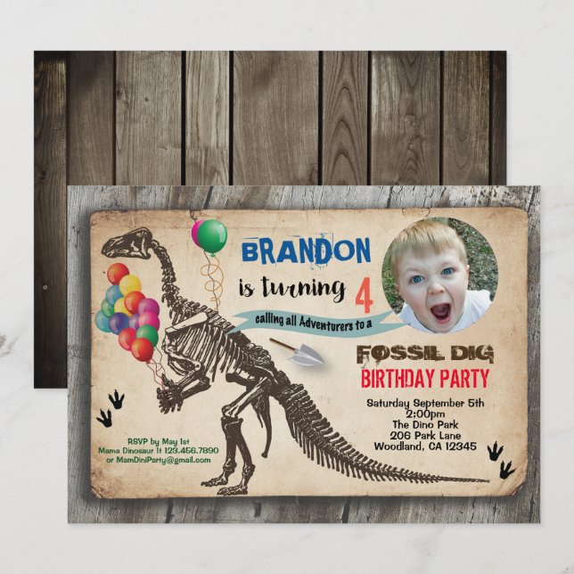 Invitación fotográfica de cumpleaños de dinosaurio (Anverso / Reverso)