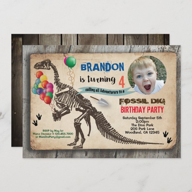 Invitación fotográfica de cumpleaños de dinosaurio (Anverso / Reverso)