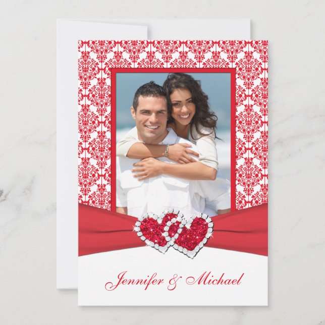 Invitación fotográfica de Damasco rojo y blanco y  (Anverso)