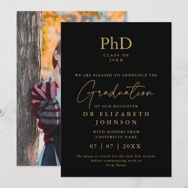 Invitación fotográfica de grado PhD en negro y oro (Anverso / Reverso)