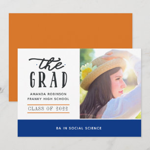 Invitación fotográfica de graduación azul y Naranj