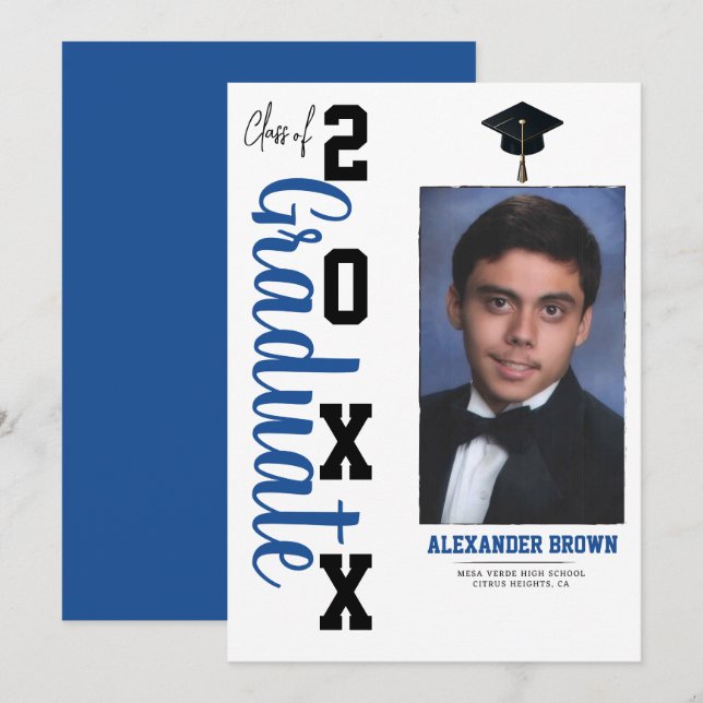 Invitación fotográfica de graduación azul y negro (Anverso / Reverso)