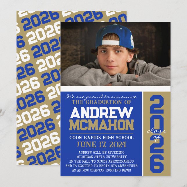 Invitación fotográfica de graduación de oro azul y (Anverso / Reverso)