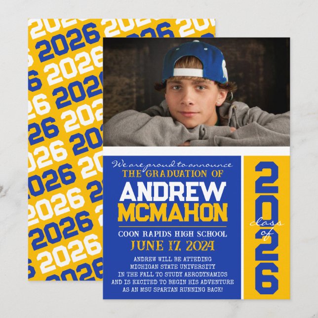 Invitación fotográfica de graduación moderna azul  (Anverso / Reverso)