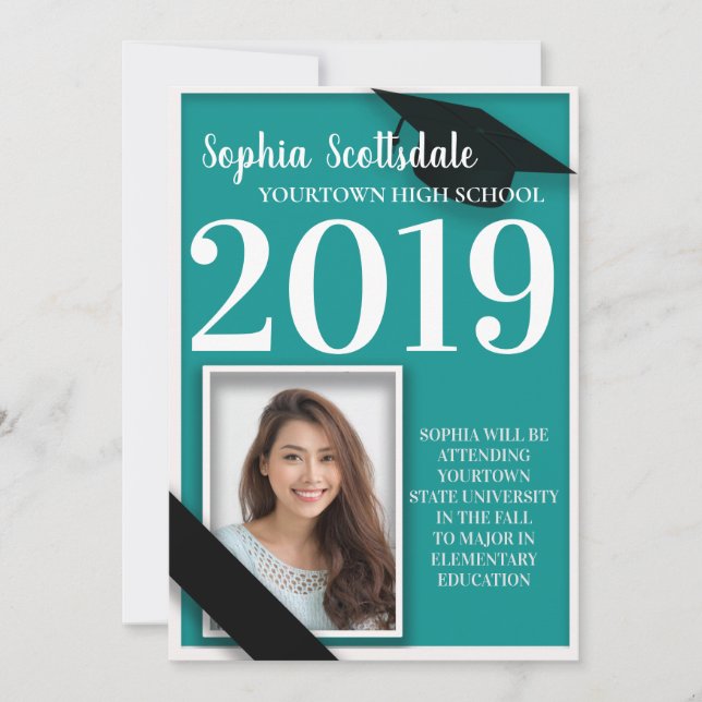 Invitación fotográfica de graduación verde azulada (Anverso)