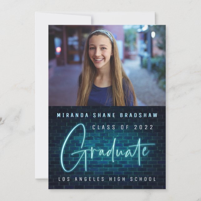 Invitación fotográfica de graduado azul de Neon Ró (Anverso)