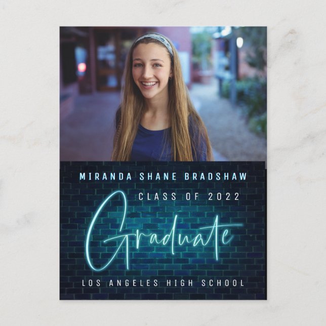 Invitación fotográfica de graduado azul de Neon Ró (Anverso)