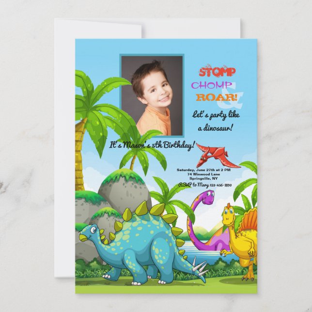 Invitación fotográfica de los dinosaurios amigable (Anverso)