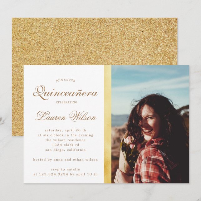 Invitación fotográfica de oro y purpurina Quincean (Anverso / Reverso)