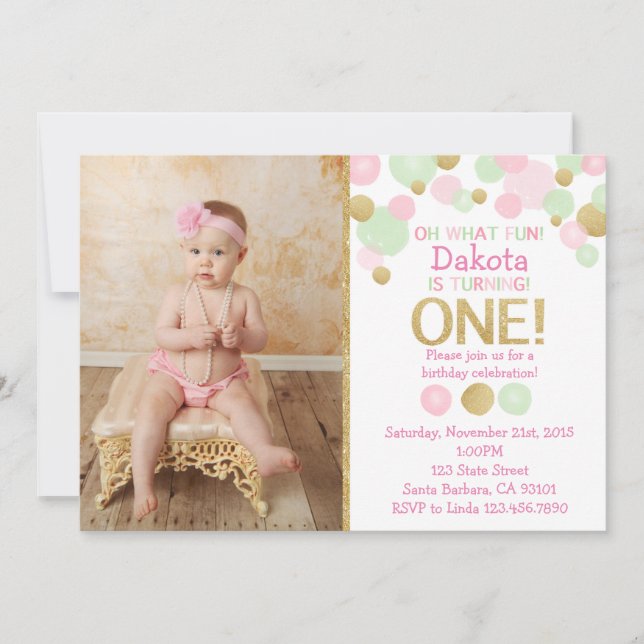 Invitación fotográfica de primer cumpleaños - rosa (Anverso)