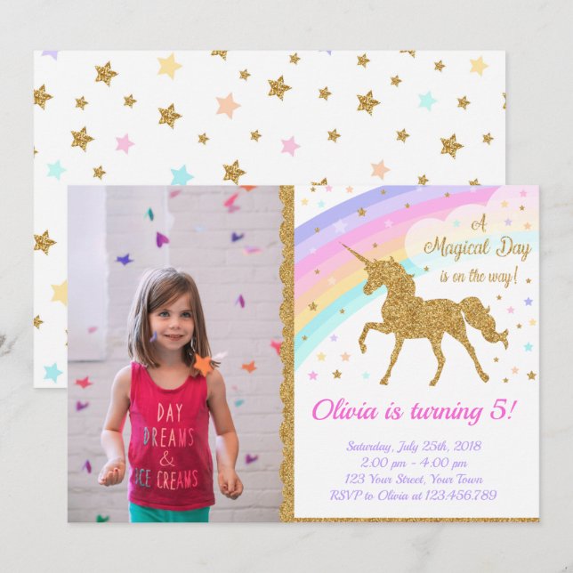 Invitación fotográfica de Unicornio, Fiesta de Uni (Anverso / Reverso)