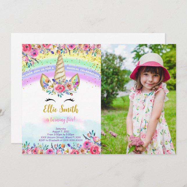 Invitación fotográfica de unicornio mágico rojo (Anverso / Reverso)