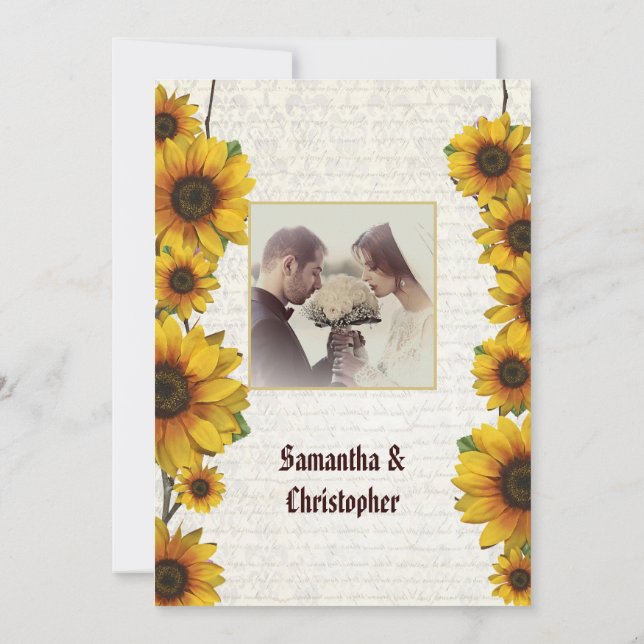 invitación fotográfica de vintage sunflower boda (Reverso)