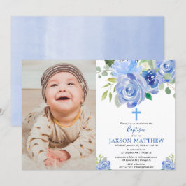 Invitación fotográfica del bautismo de niño, flore