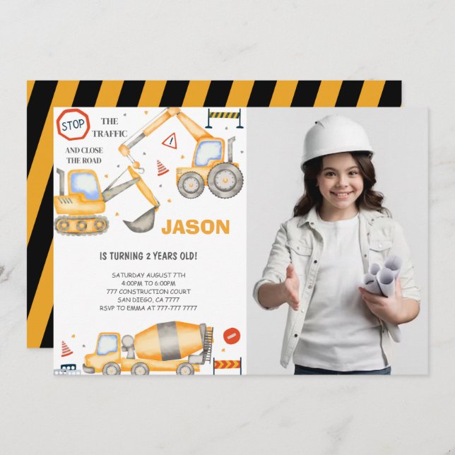 Invitación fotográfica del niño de construcción de (Anverso / Reverso)