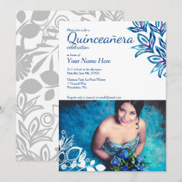 Invitación fotográfica Floral azul y blanca Quince