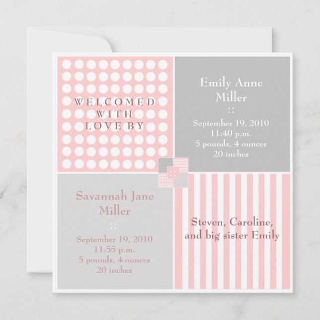 Invitación fotográfica moderna de gemelos rosados  (Anverso)