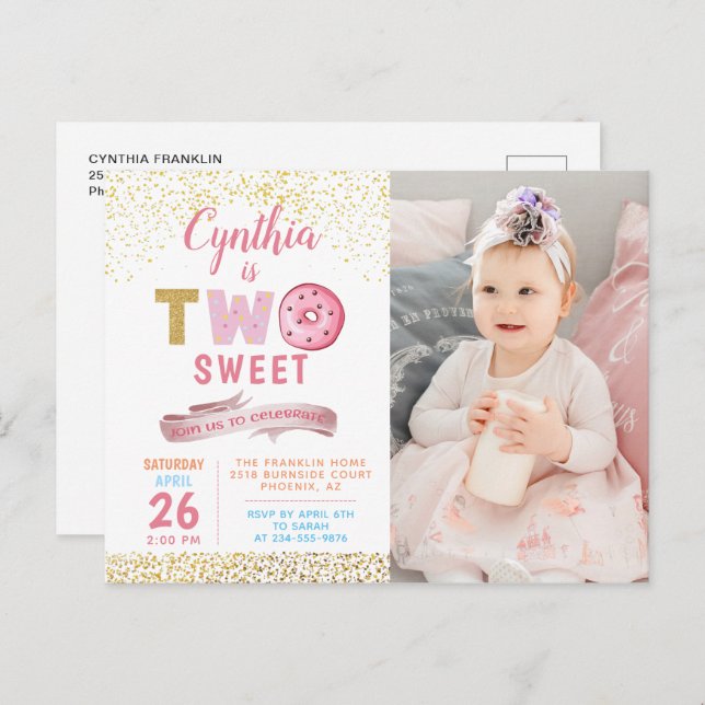 Invitación fotográfica para cumpleaños 2 de niña c (Anverso / Reverso)