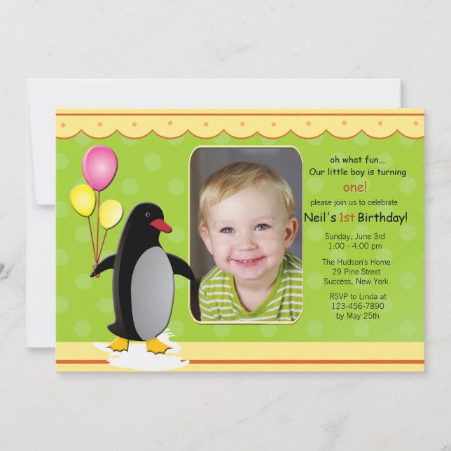 Invitación fotográfica pingüino de cumpleaños (Anverso)