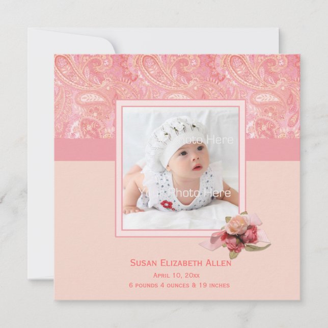 Invitación fotográfica Pink Paisley Baby (Anverso)