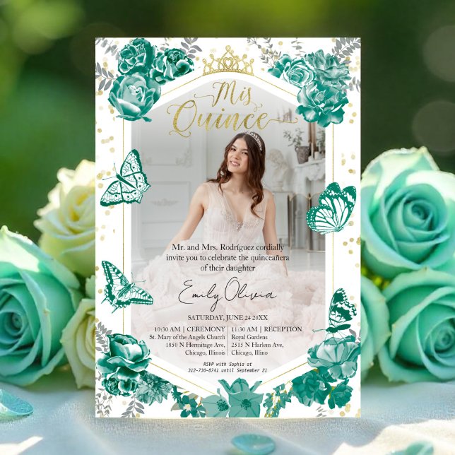 Invitación fotográfica Quinceanera Floral verde es (Subido por el creador)