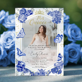 Invitación fotográfica Quinceanera Gol floral azul