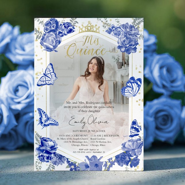Invitación fotográfica Quinceanera Gol floral azul (Subido por el creador)