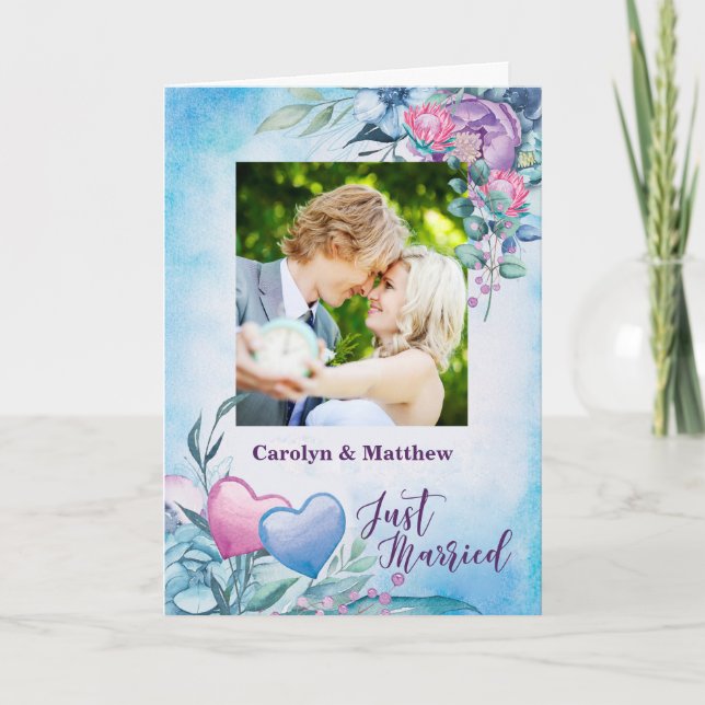 Invitación fotográfica solo casada morada y azul (Anverso)