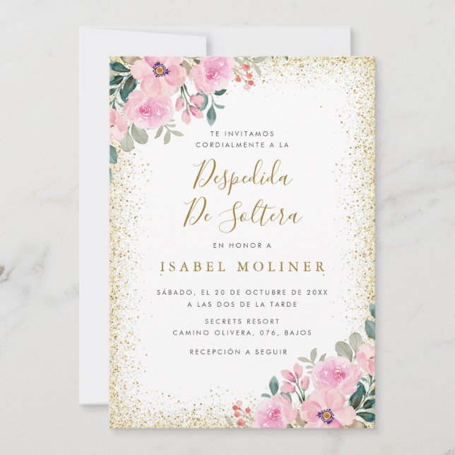 Invitación Fotograma dorado Floral rosa Ducha de novia españo (Anverso)