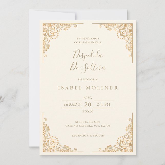 Invitación Fotograma dorado Ornato Español Ducha de Novias (Anverso)