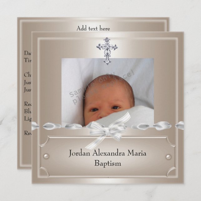 Invitación Fotograma fotográfico beige Jewel Cross Baptism (Anverso / Reverso)