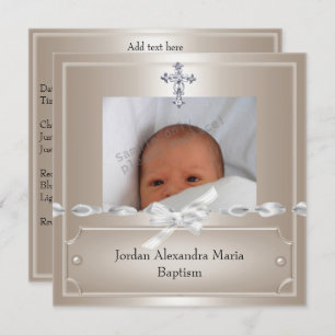 Invitación Fotograma fotográfico beige Jewel Cross Baptism