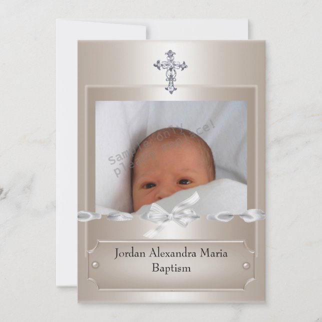 Invitación Fotograma fotográfico beige Jewel Cross Baptism lo (Anverso)