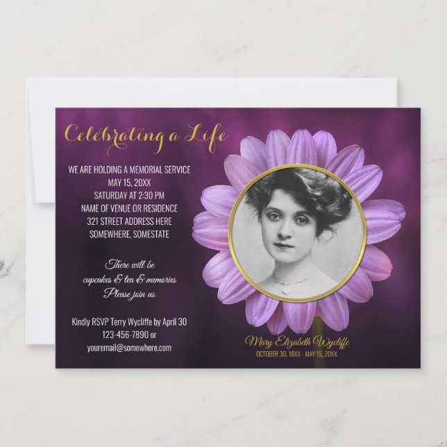 Invitación Fotograma fotográfico Purple Daisy Gold Service (Anverso)