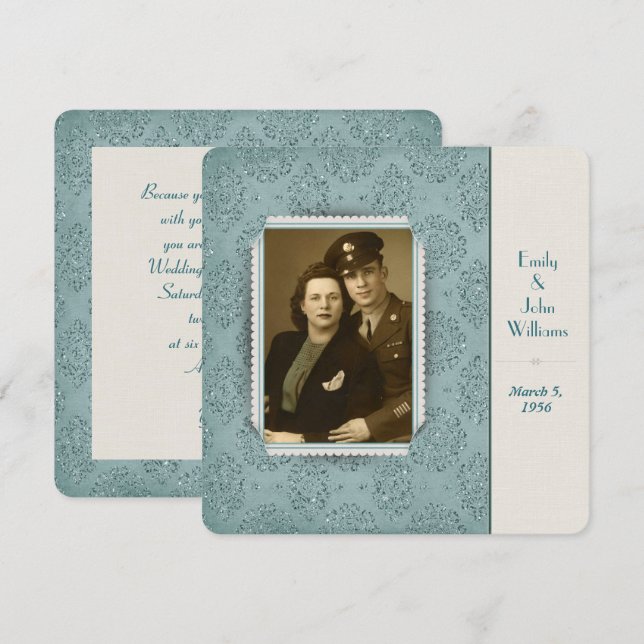 Invitación fotograma vintage purpurina damasco vintage (Anverso / Reverso)