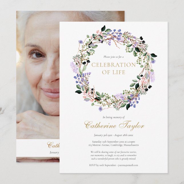 Invitación Fotomía floral de Lavender celebración del funeral (Anverso / Reverso)