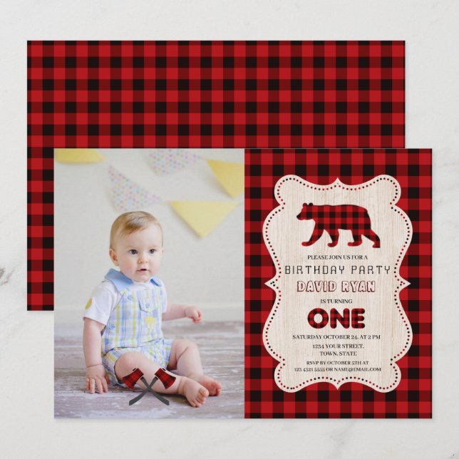 Invitación Fotomía Rustic Red Buffalo Lumberjack 1ST Cumpleañ (Anverso / Reverso)