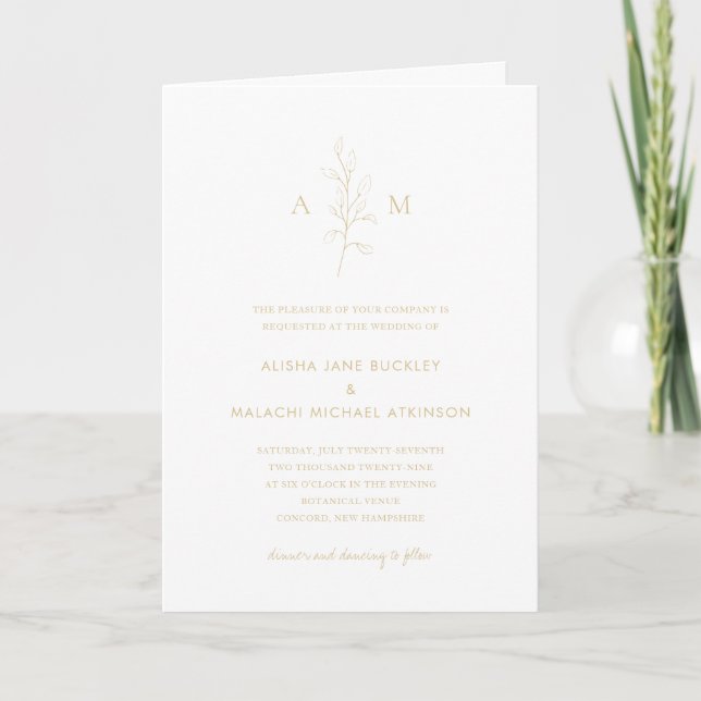 Invitación Fotomontaje botánico de oro limpio Boda elegante (Anverso)