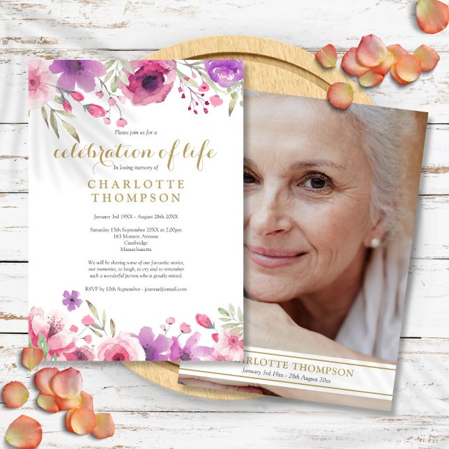 Invitación Fotomontaje de la floral acuarela de la vida (Photo Celebration of Life Watercolor Floral Invitation)