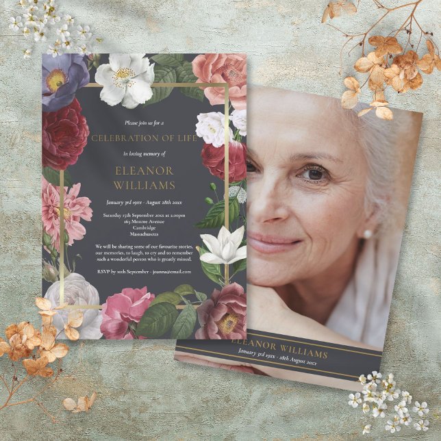 Invitación Fotomontaje de la floral Rosa funeraria Life (Photo Celebration of Life Funeral Rose Floral Invitation)