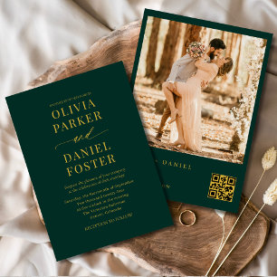 Invitación Fotomontaje elegante de código QR de oro verde esm